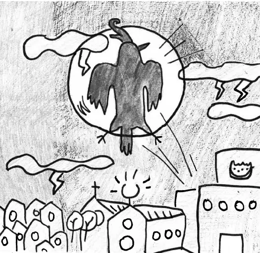 Leon bursts out of the sewer and soars into the night sky over Cockatoo Town